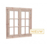 Vuren dubbel uitzettaam met dubbel glas. 112 x 120.5 cm. onbehandeld