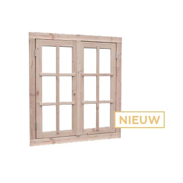 Vuren dubbel uitzettaam met dubbel glas. 112 x 120.5 cm. onbehandeld