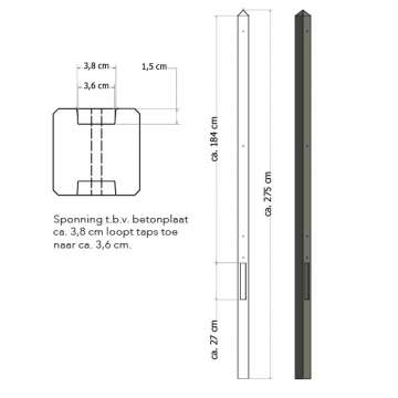 Lichtgewicht betonpaal met diamantkop ongecoat 8,5x8,5x280 cm,tussenpaal, grijs
