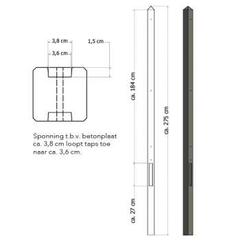 Lichtgewicht betonpaal met diamantkop ongecoat 8,5x8,5x280 cm,tussenpaal, antraciet