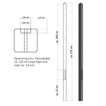 Lichtgewicht betonpaal met diamantkop ongecoat 8,5x8,5x280 cm,eindpaal, grijs