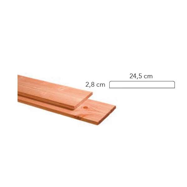 Douglas plank 2,8 x 24,5 x 400 cm, kleurloos geimpregneerd.