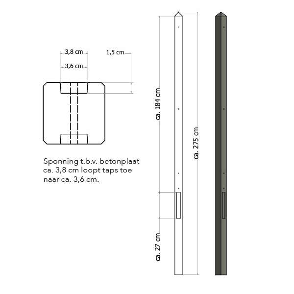 Lichtgewicht betonpaal met diamantkop ongecoat 8,5x8,5x280
cm,tussenpaal, grijs