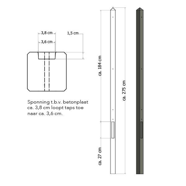 Lichtgewicht betonpaal met diamantkop ongecoat 8,5x8,5x280
cm,eindpaal, grijs